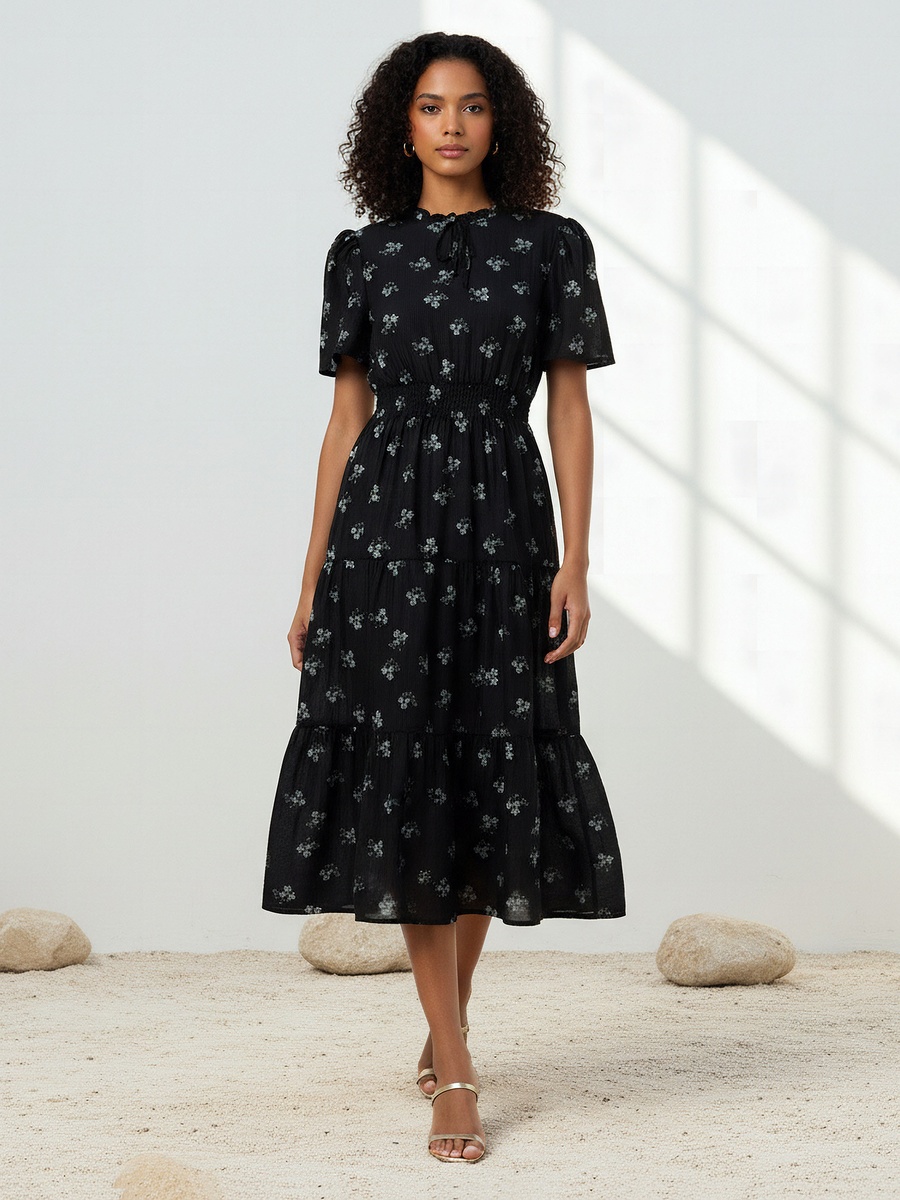 Tiered Midi Viscose Dress with Flutter Sleeves