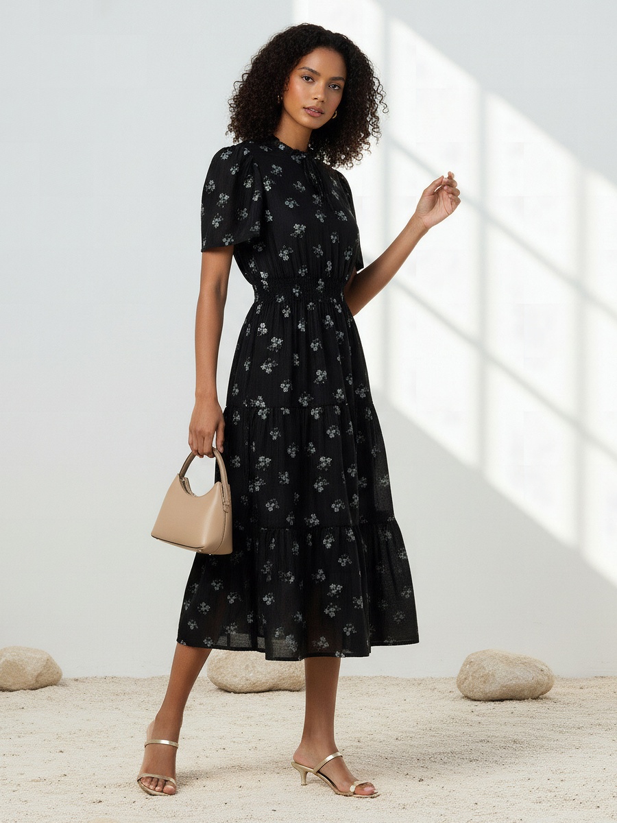 Tiered Midi Viscose Dress with Flutter Sleeves