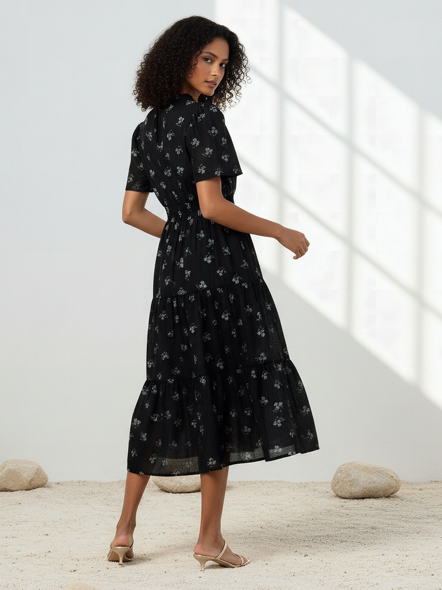 Tiered Midi Viscose Dress with Flutter Sleeves
