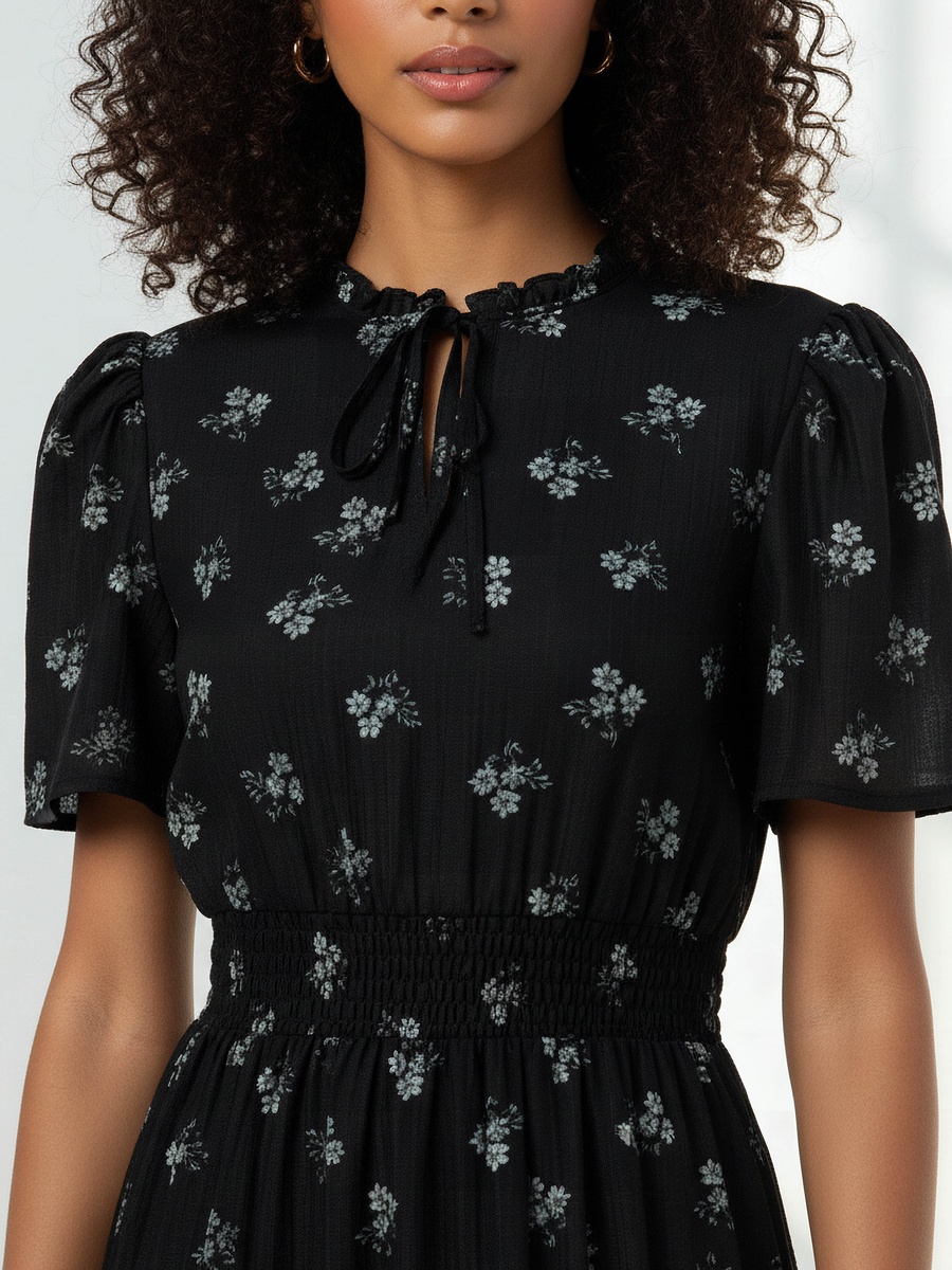 Tiered Midi Viscose Dress with Flutter Sleeves