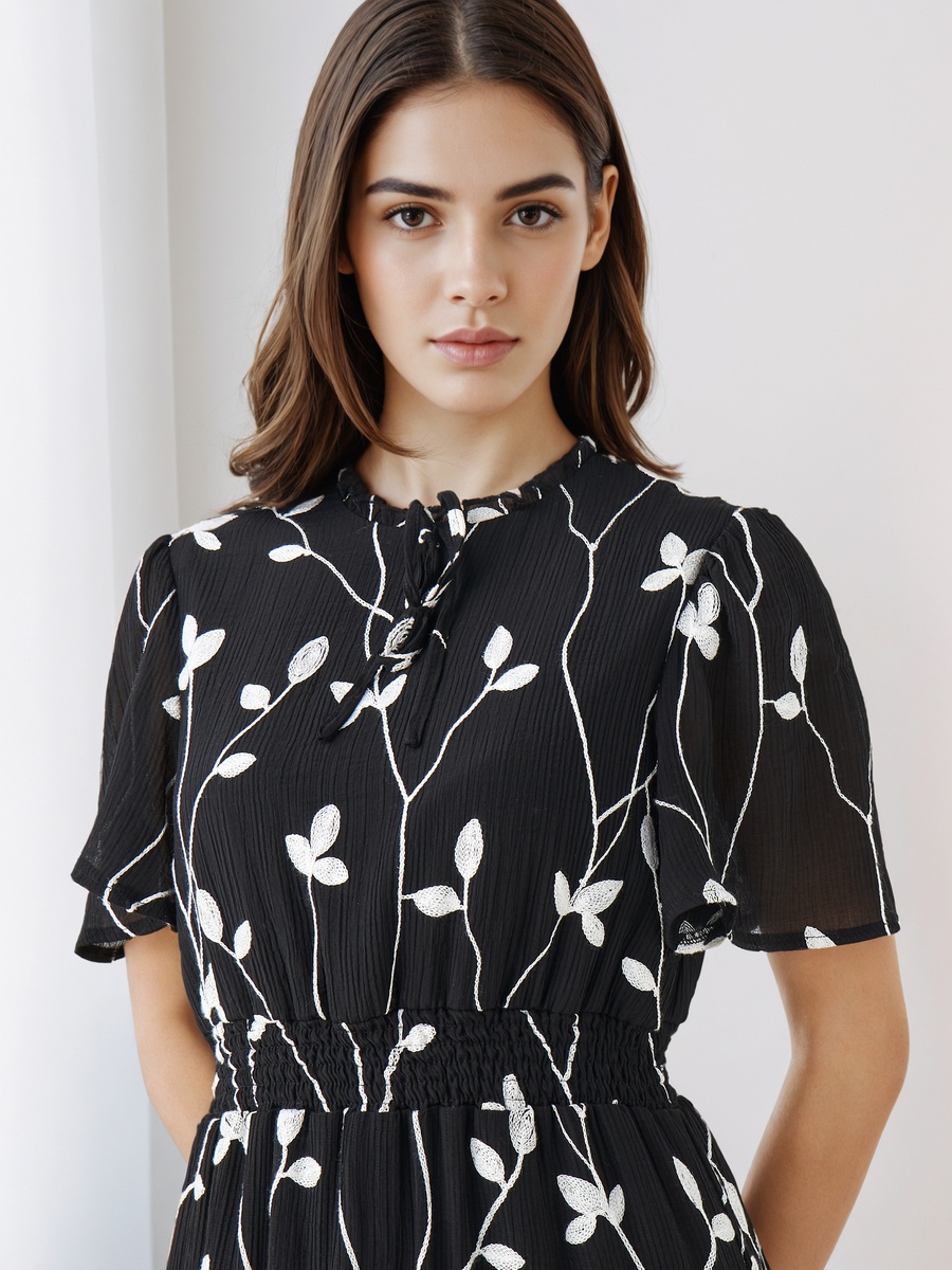 Embroidered Tiered Midi Viscose Dress with Flutter Sleeves