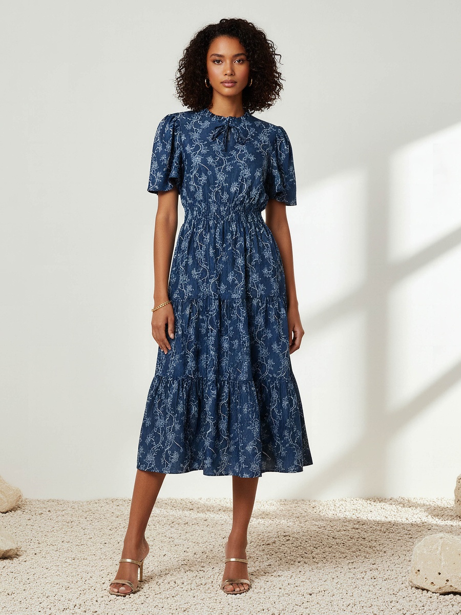 Tiered Midi Viscose Dress with Flutter Sleeves