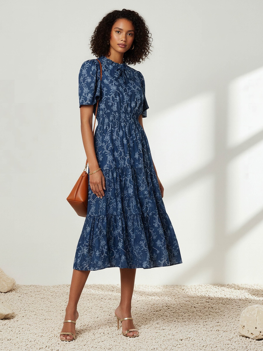 Tiered Midi Viscose Dress with Flutter Sleeves