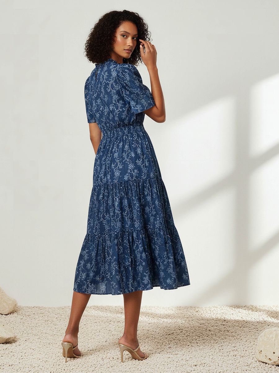 Tiered Midi Viscose Dress with Flutter Sleeves
