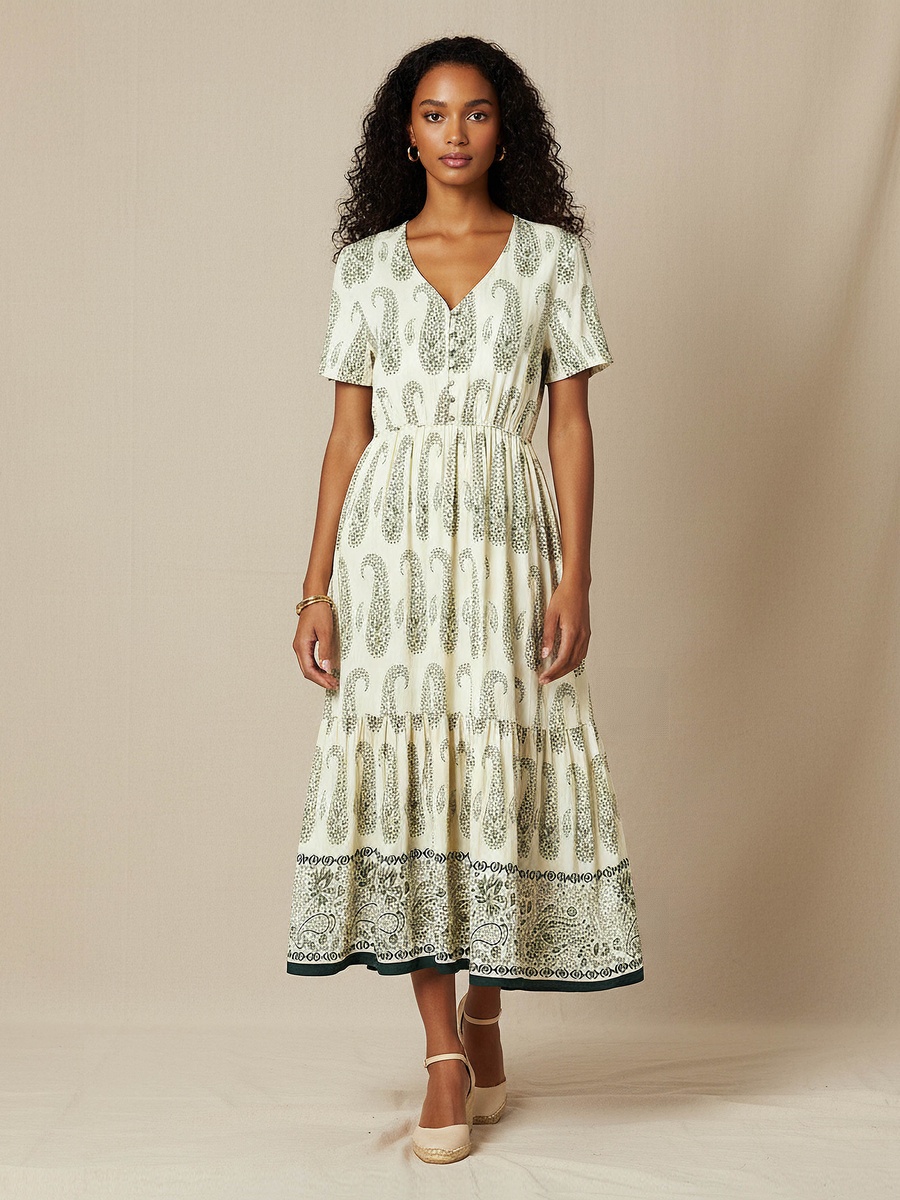 Paisley Print Tiered Women Dress with Short Sleeves