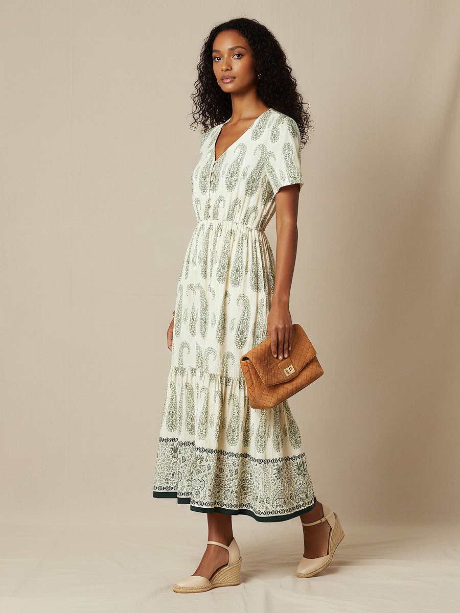 Paisley Print Tiered Women Dress with Short Sleeves