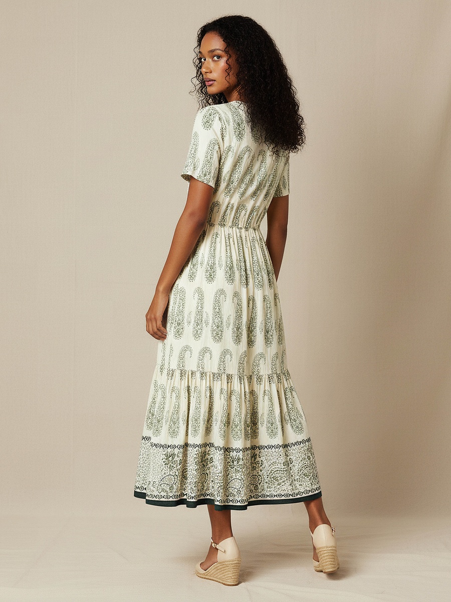 Paisley Print Tiered Women Dress with Short Sleeves
