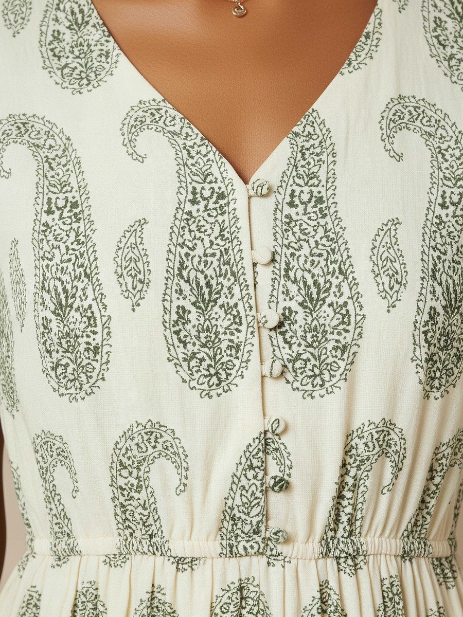 Paisley Print Tiered Women Dress with Short Sleeves