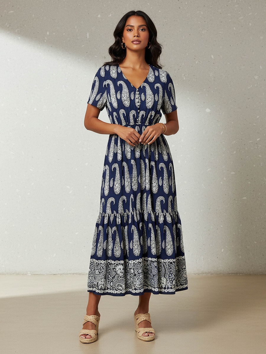 Paisley Print Tiered Women Dress with Short Sleeves