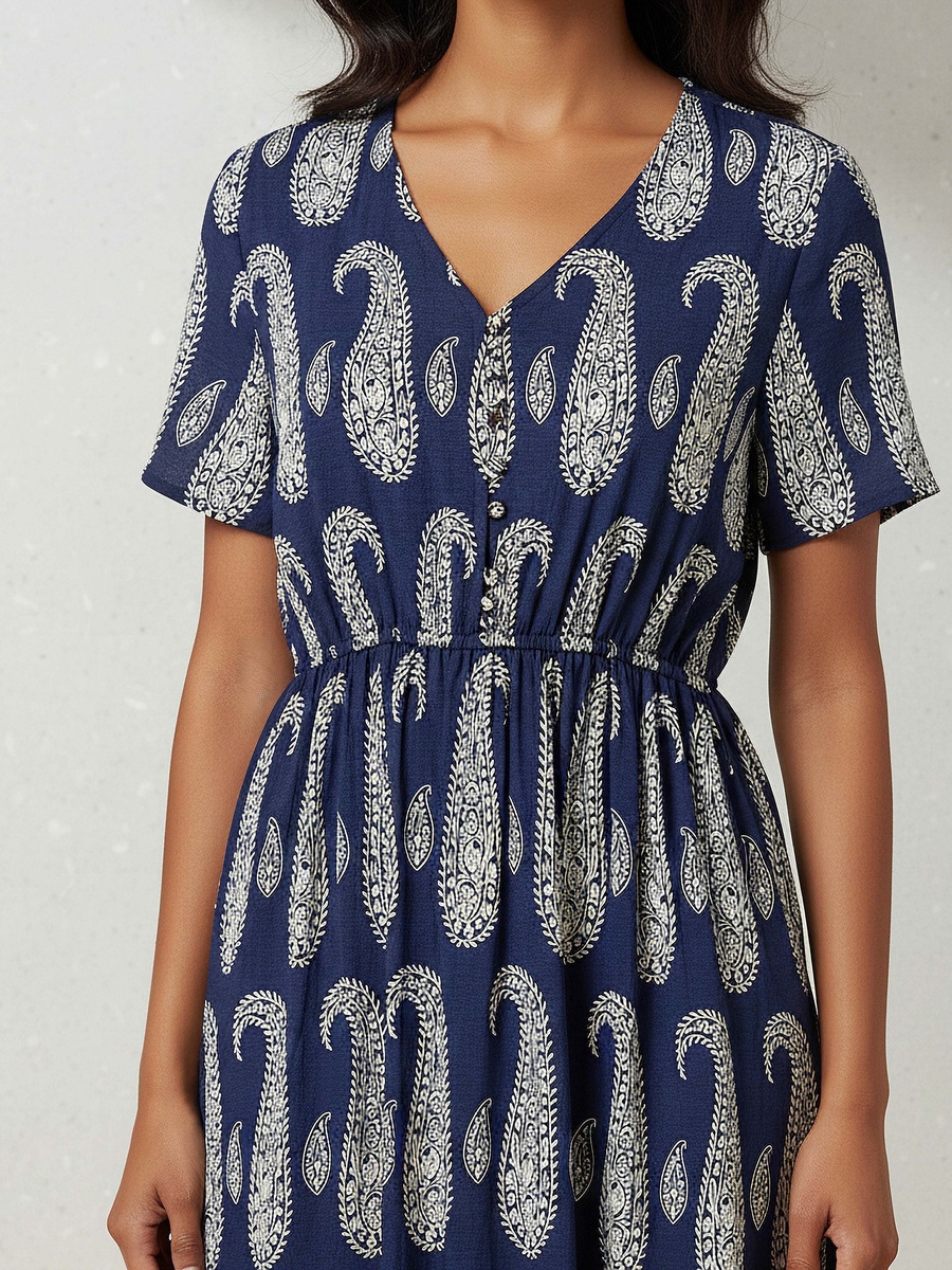 Paisley Print Tiered Women Dress with Short Sleeves