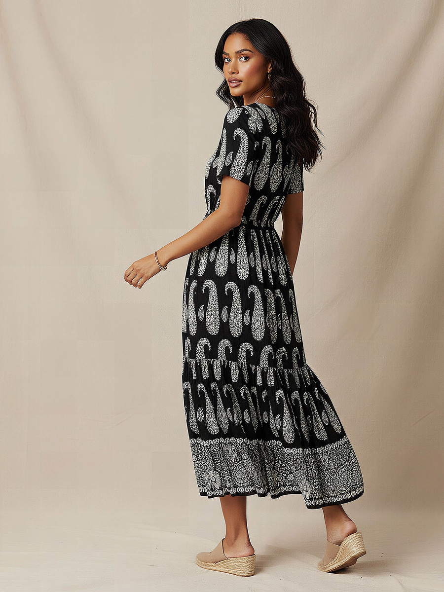 Paisley Print Tiered Women Dress with Short Sleeves