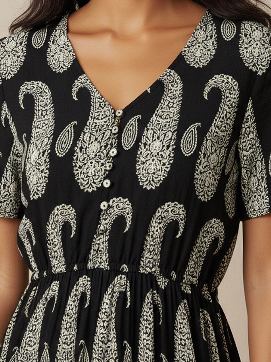 Paisley Print Tiered Women Dress with Short Sleeves
