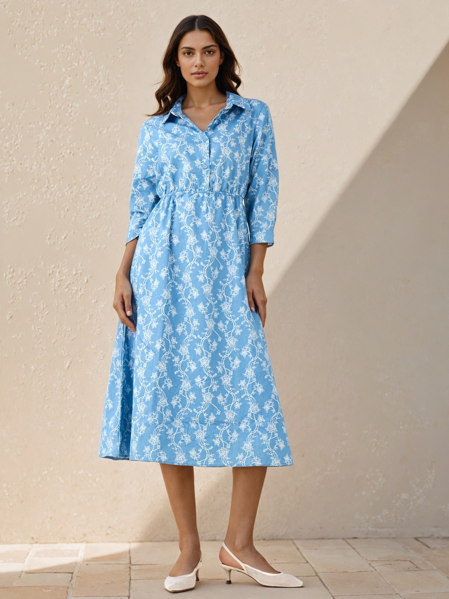 Midi Cotton Shirt Dress with Floral Print
