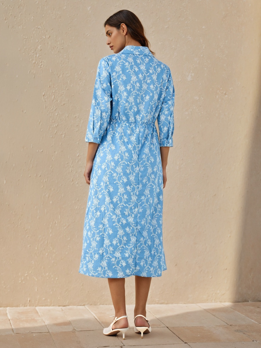 Midi Cotton Shirt Dress with Floral Print
