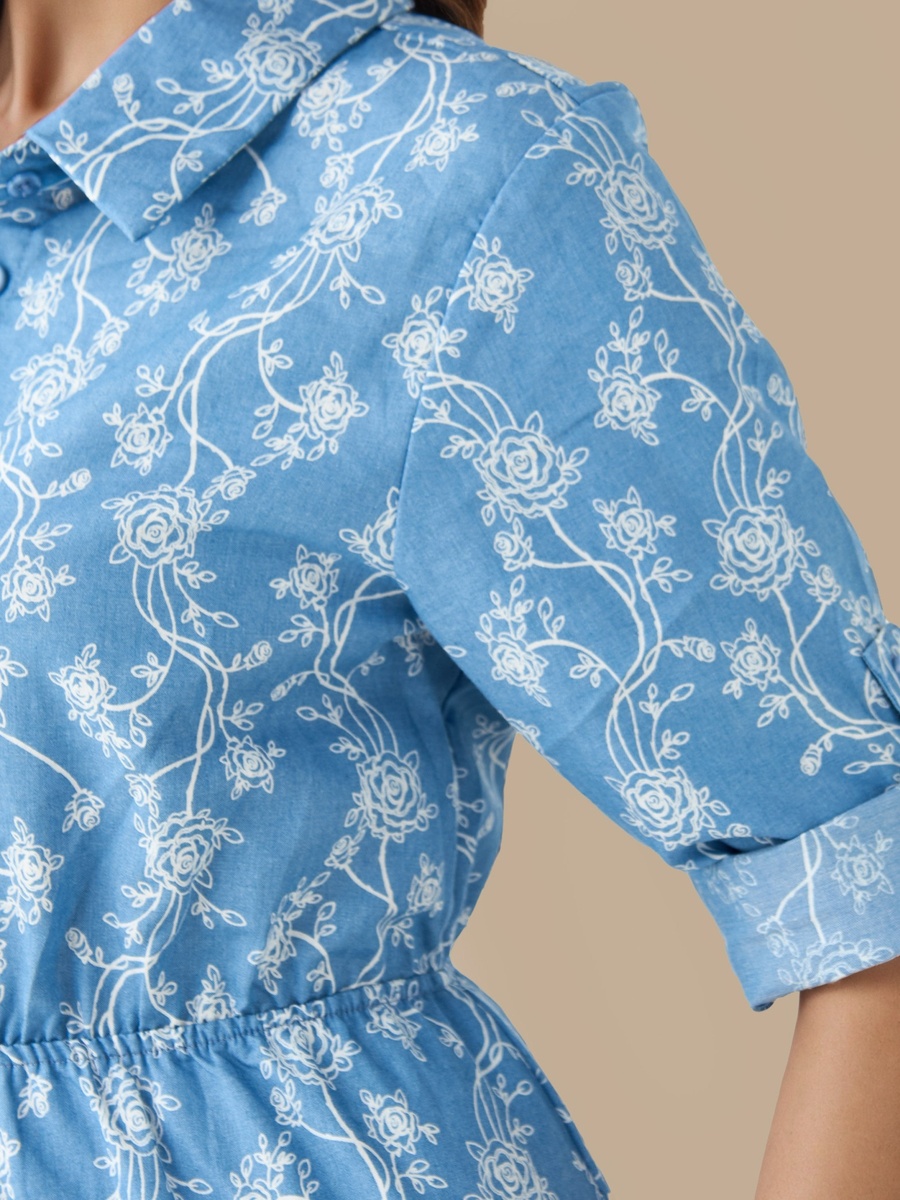 Midi Cotton Shirt Dress with Floral Print