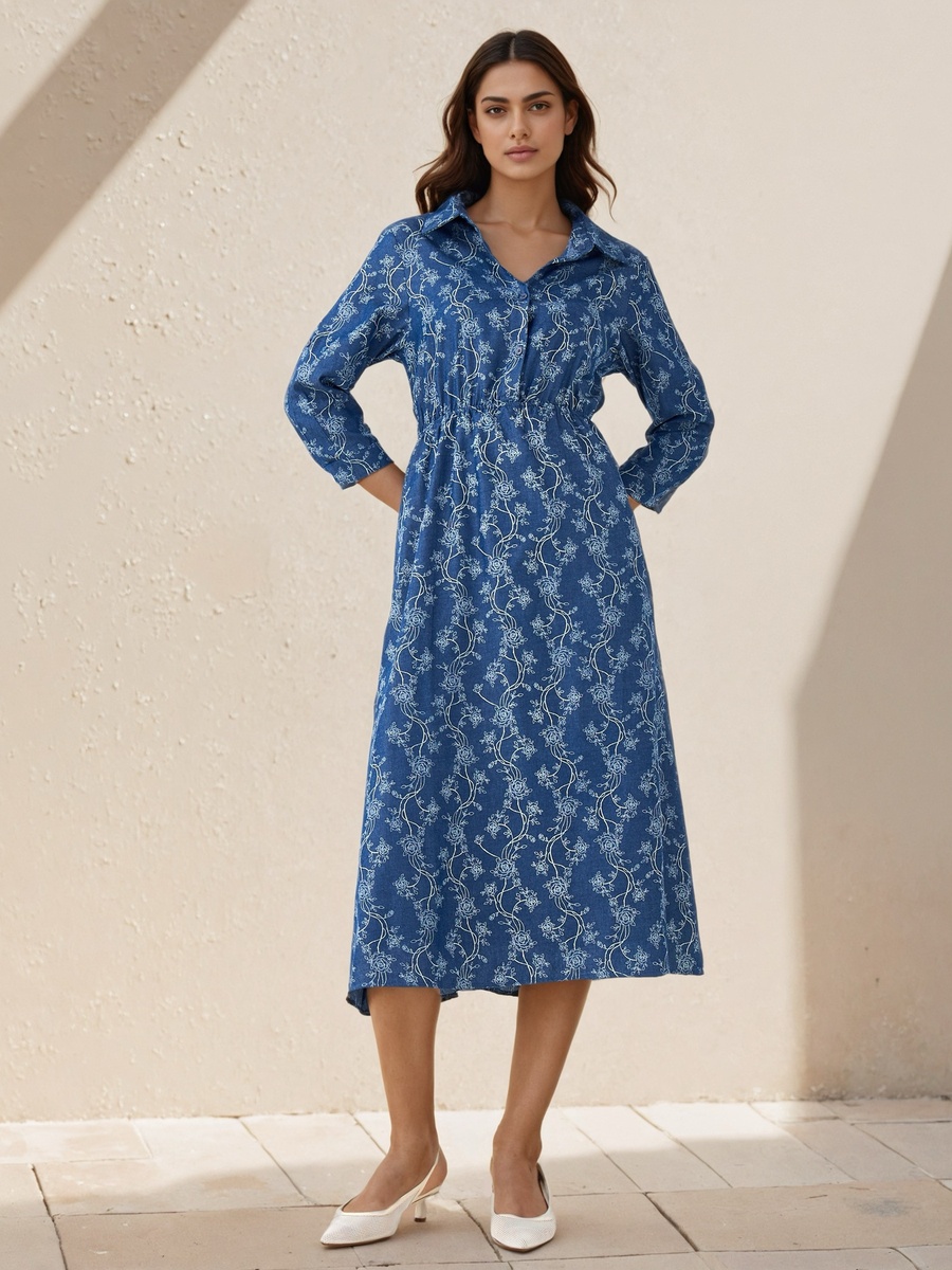 Midi Cotton Shirt Dress with Floral Print
