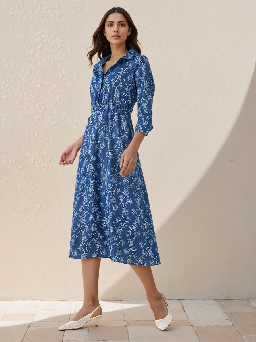 Midi Cotton Shirt Dress with Floral Print