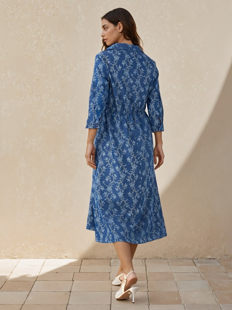 Midi Cotton Shirt Dress with Floral Print