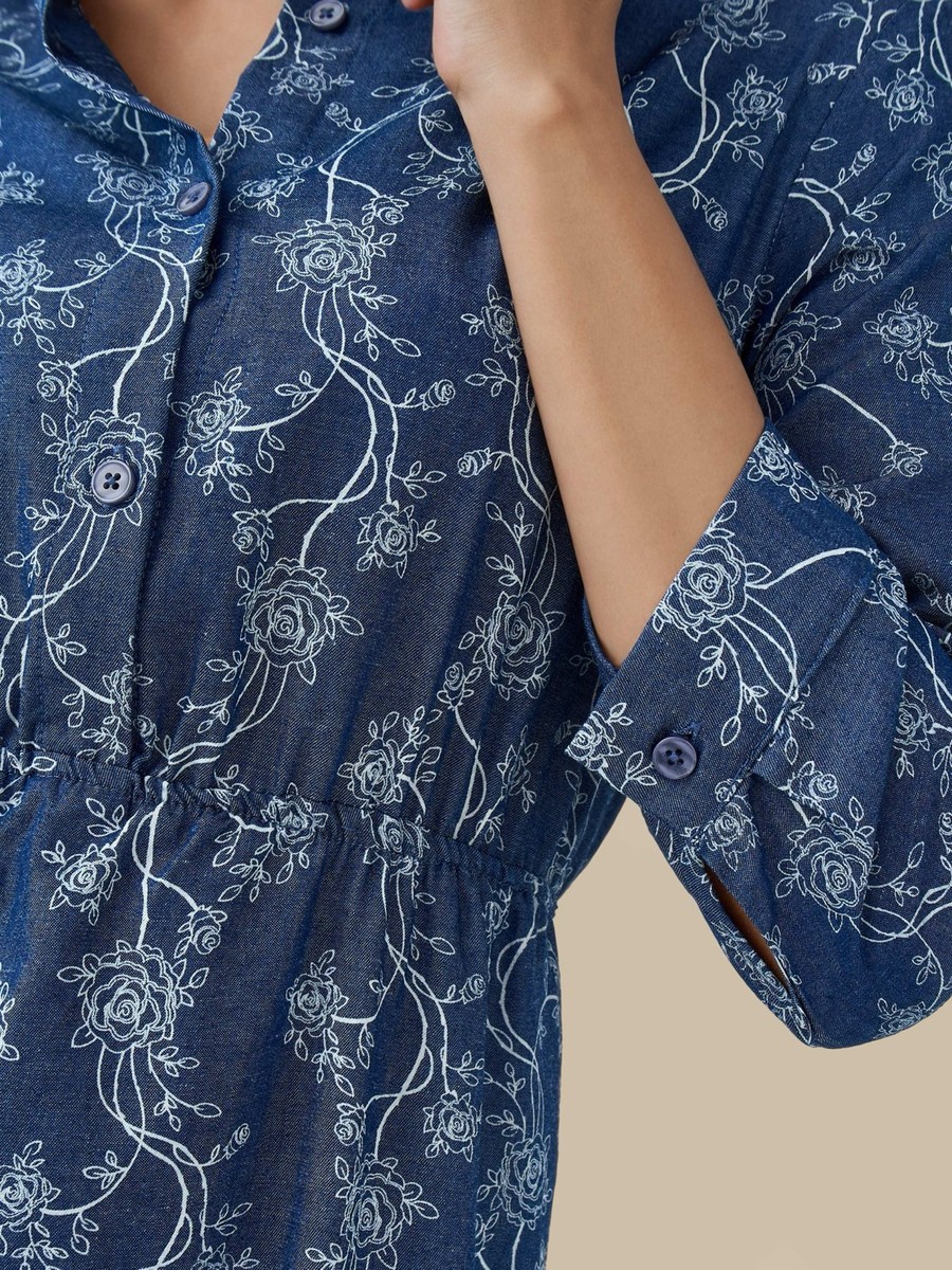 Midi Cotton Shirt Dress with Floral Print