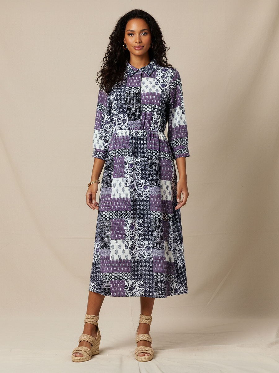 Midi Cotton Shirt Dress with Floral Print