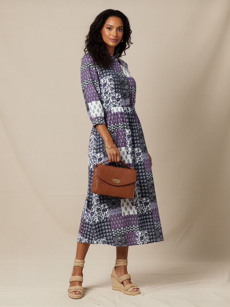 Midi Cotton Shirt Dress with Floral Print