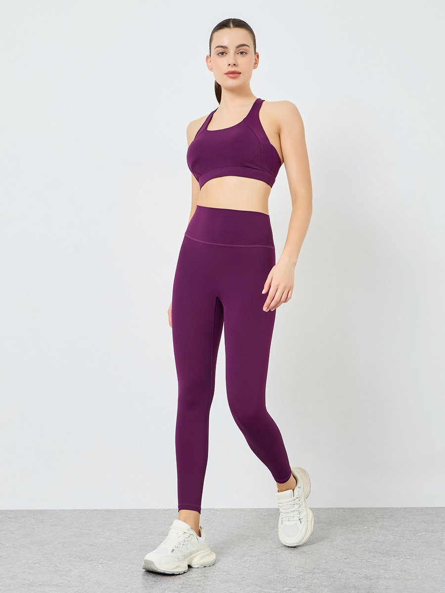 Women Purple Back Cross Sports Bra and Leggings Set