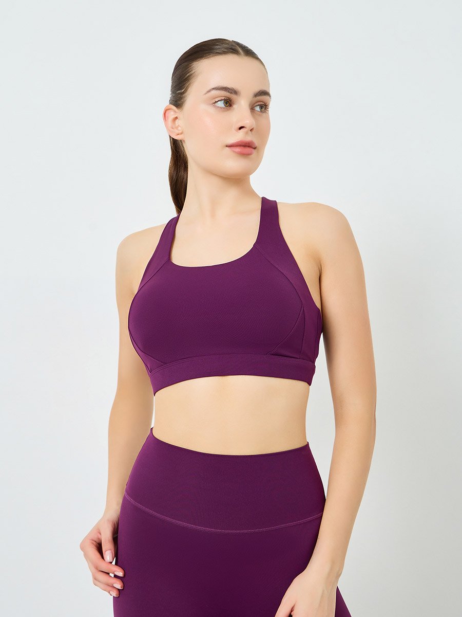 Women Purple Back Cross Sports Bra and Leggings Set