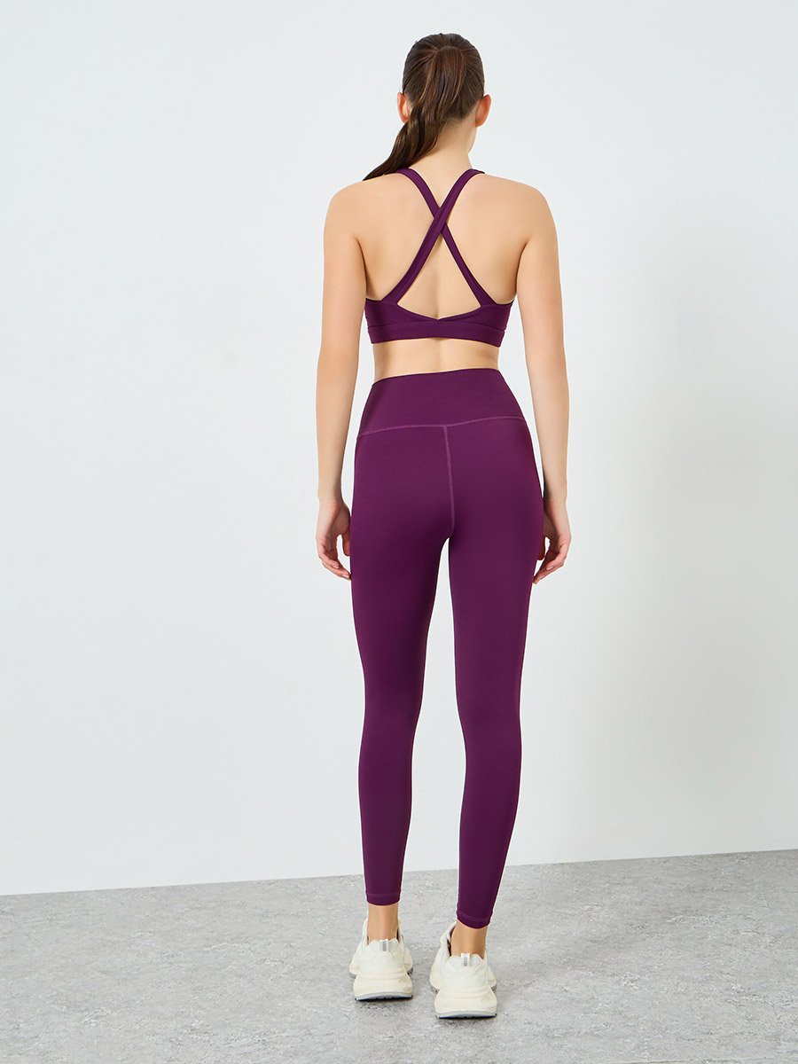 Women Purple Back Cross Sports Bra and Leggings Set