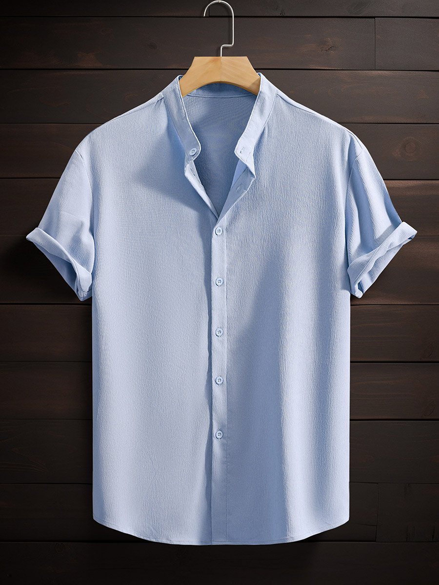 Men Blue Mandarin Collar Short Sleeve Shirt