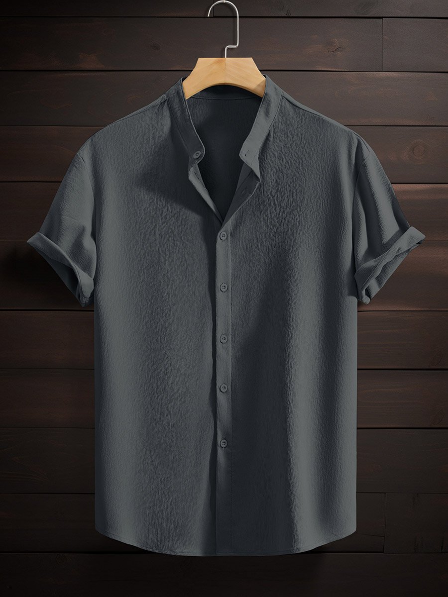 Men Grey Mandarin Collar Short Sleeve Shirt