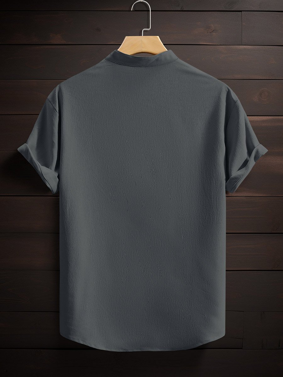 Men Grey Mandarin Collar Short Sleeve Shirt