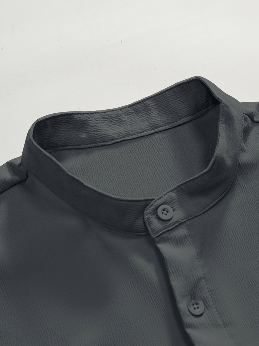 Men Grey Mandarin Collar Short Sleeve Shirt