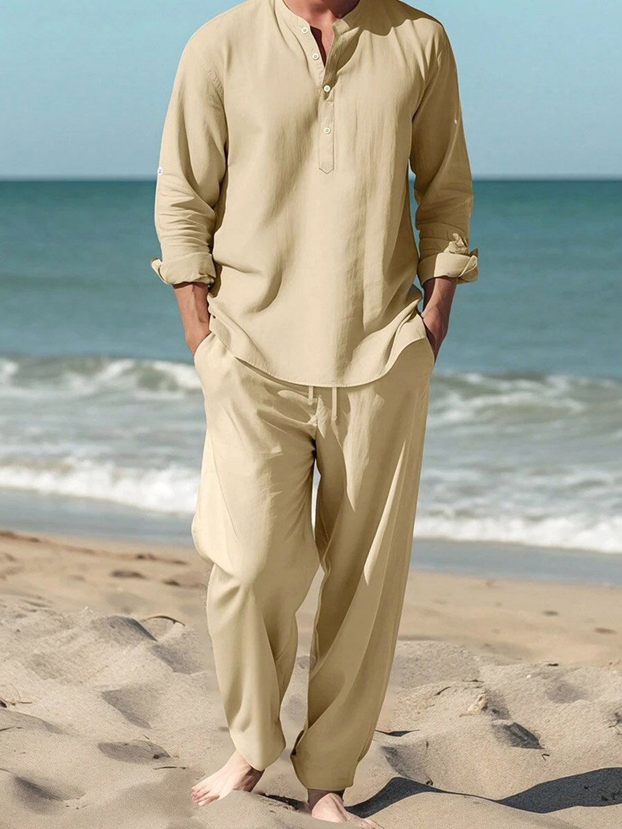 Men Beige Linen Shirt and Trousers Co-Ords