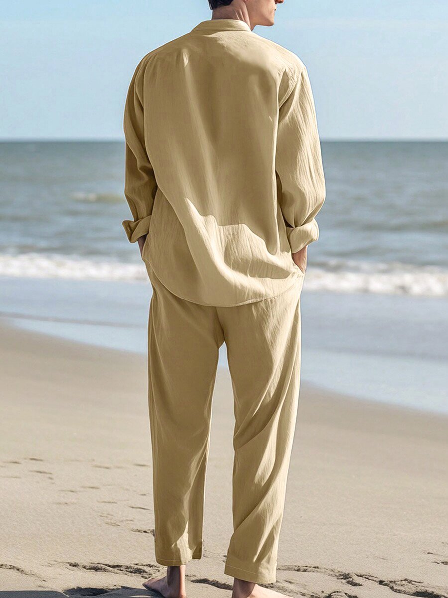 Men Beige Linen Shirt and Trousers Co-Ords