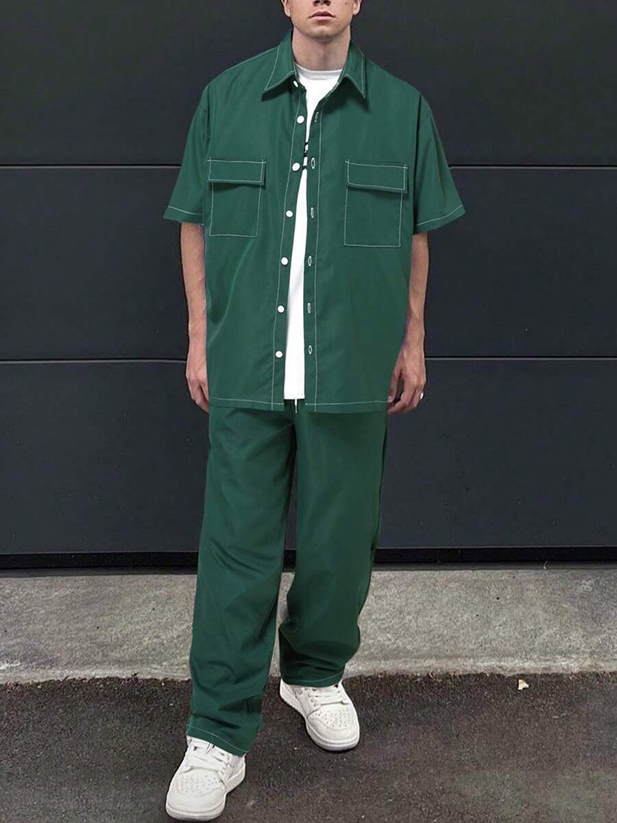Men Dark Green Short Sleeve Shirt and Trousers Co-Ords