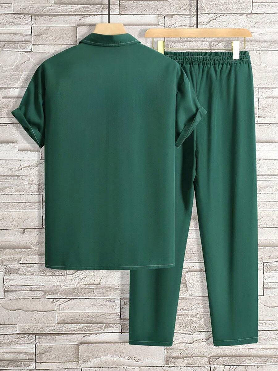 Men Dark Green Short Sleeve Shirt and Trousers Co-Ords