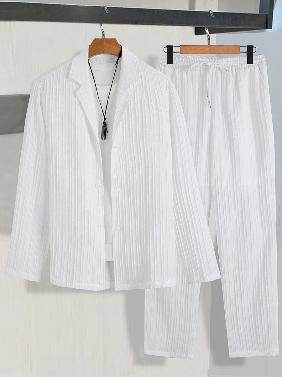 Men White Textured Blazer and Trousers Co-Ords