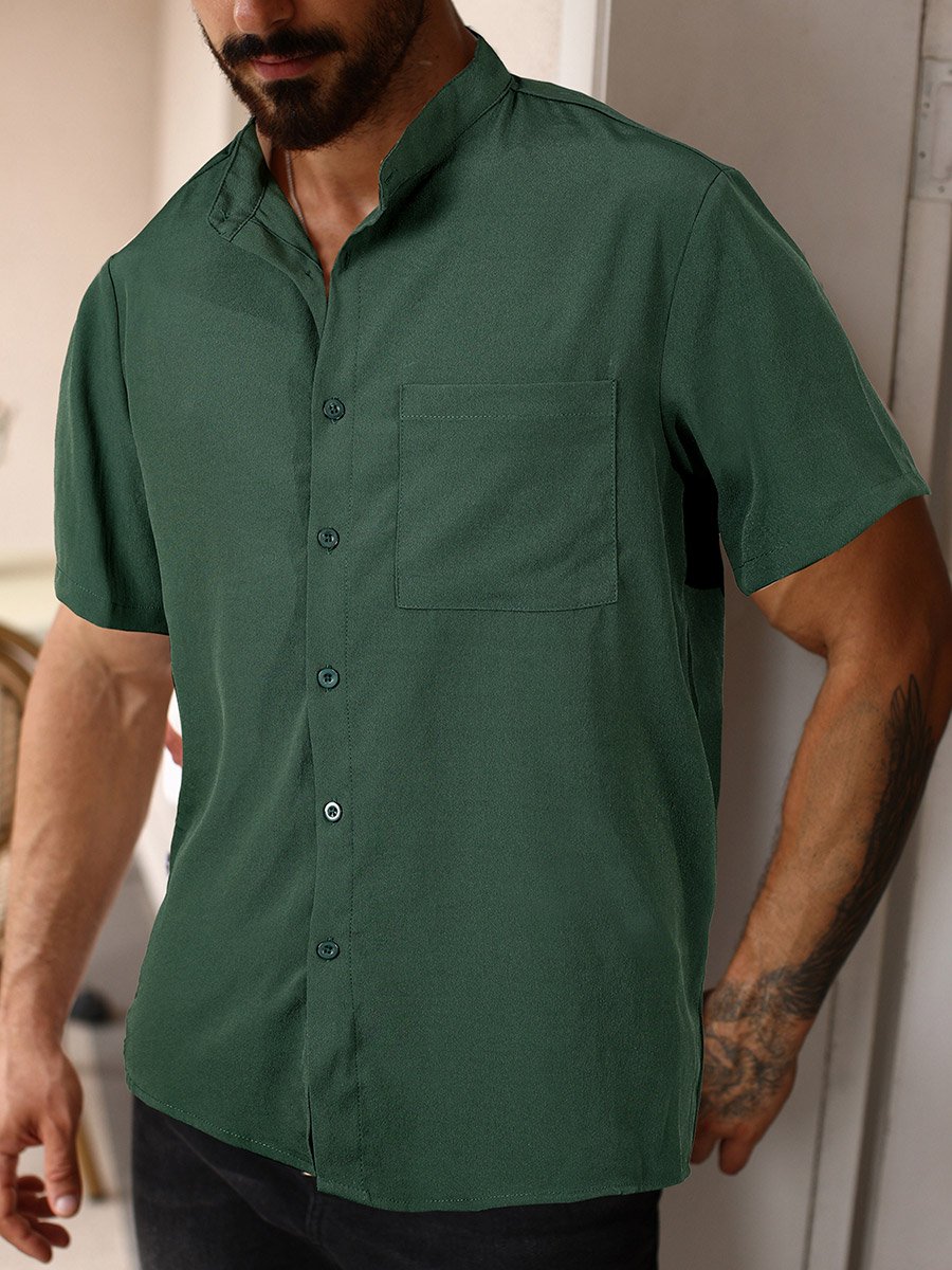 Men Dark Green Mandarin Collar Short Sleeve Shirt