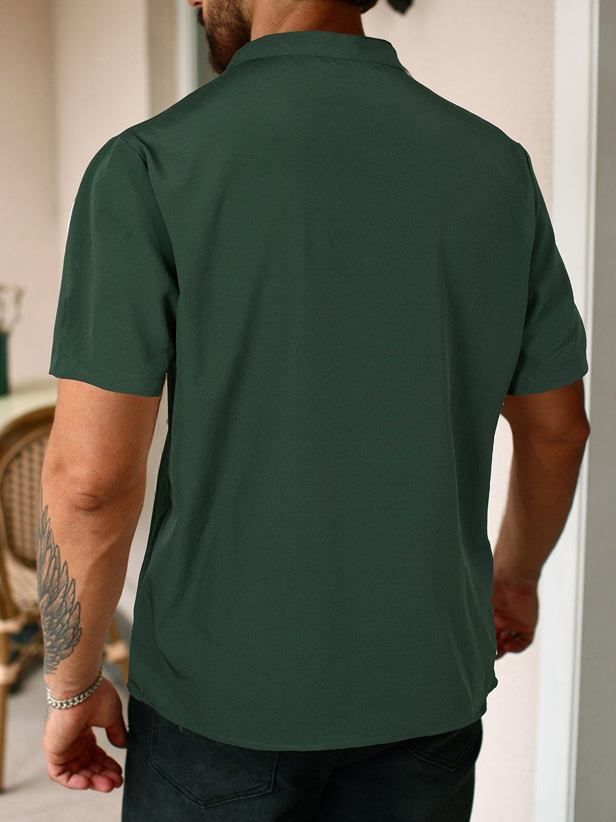 Men Dark Green Mandarin Collar Short Sleeve Shirt