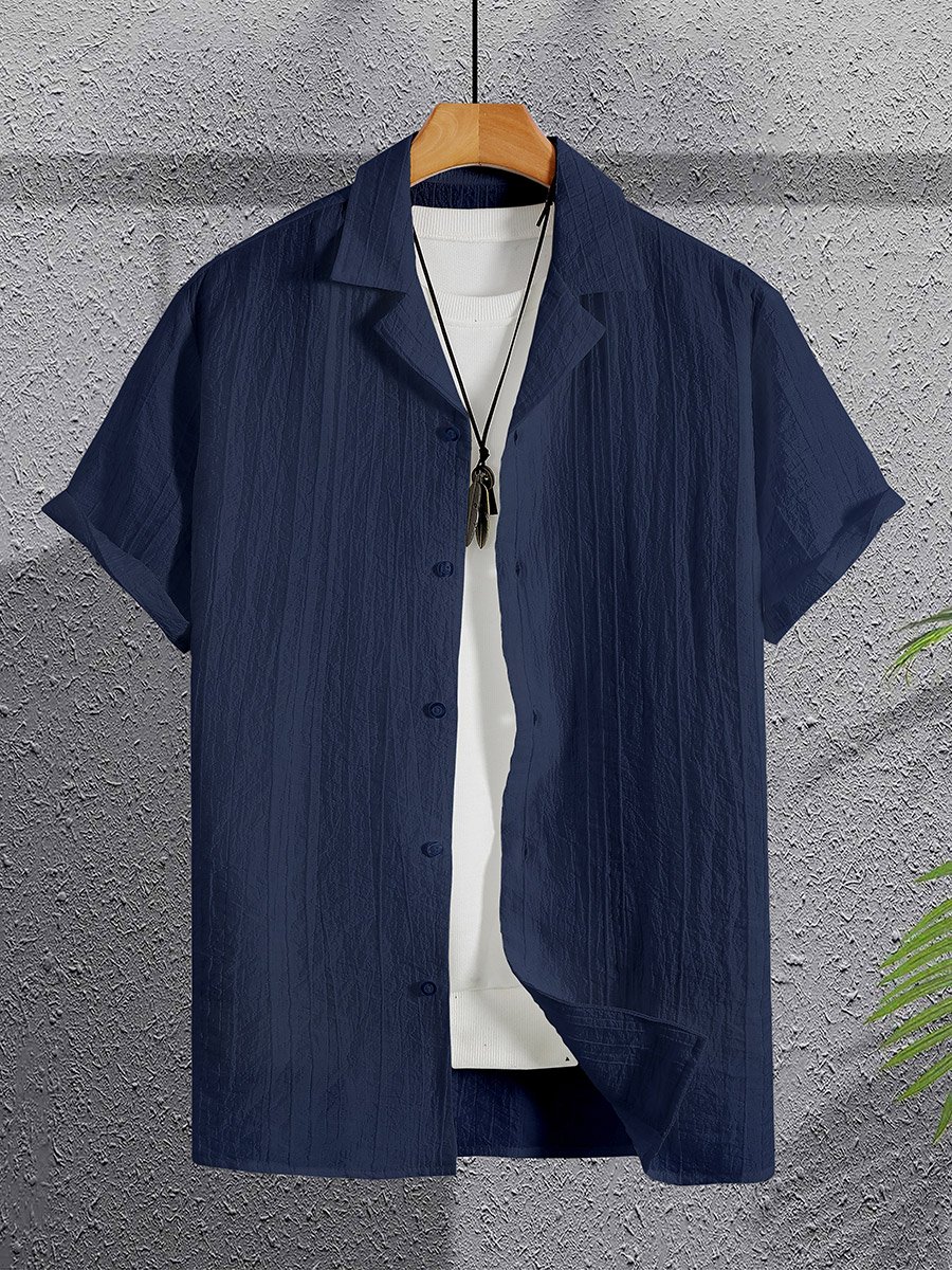 Men Navy Blue Textured Short Sleeve Shirt