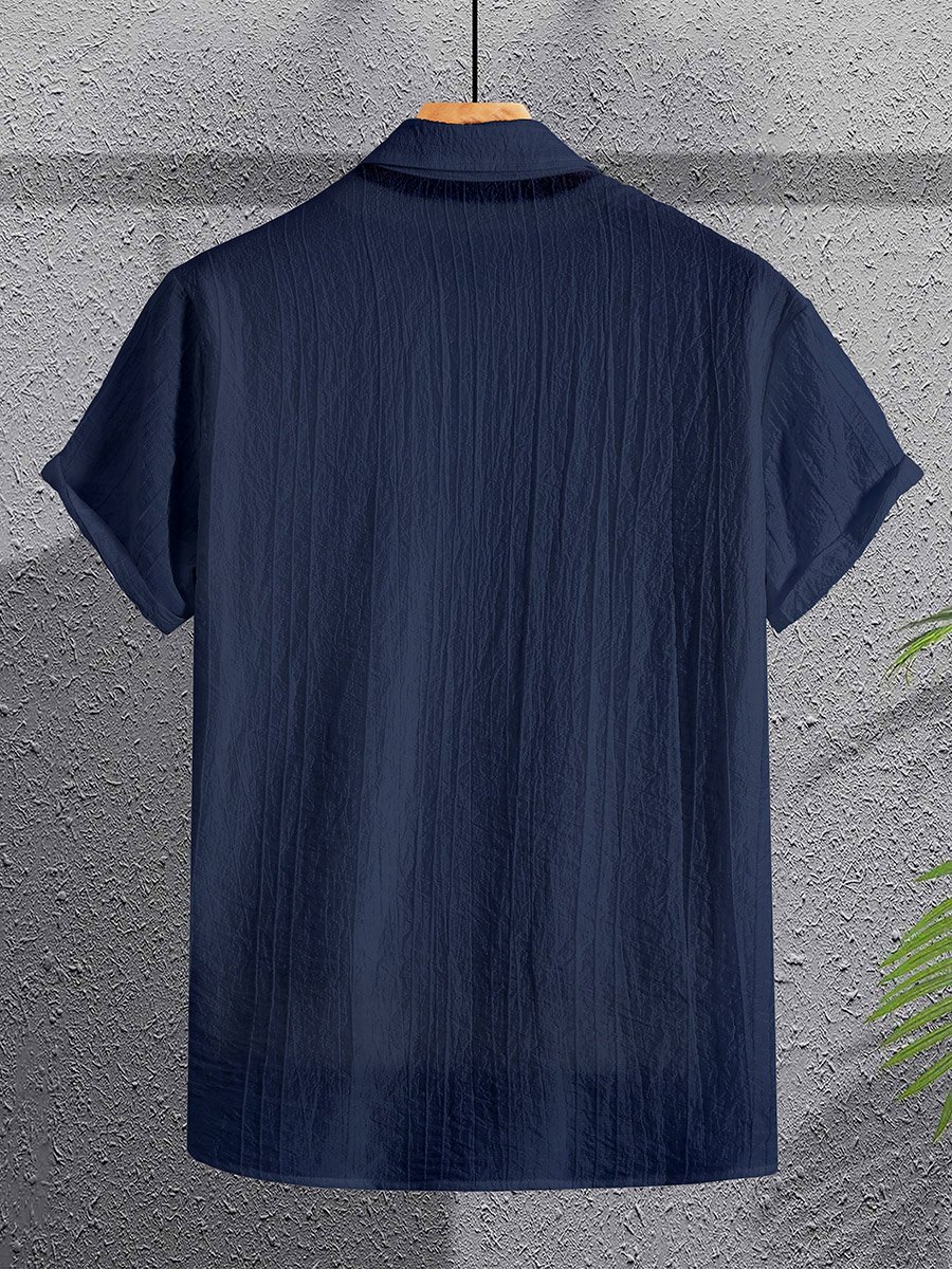 Men Navy Blue Textured Short Sleeve Shirt