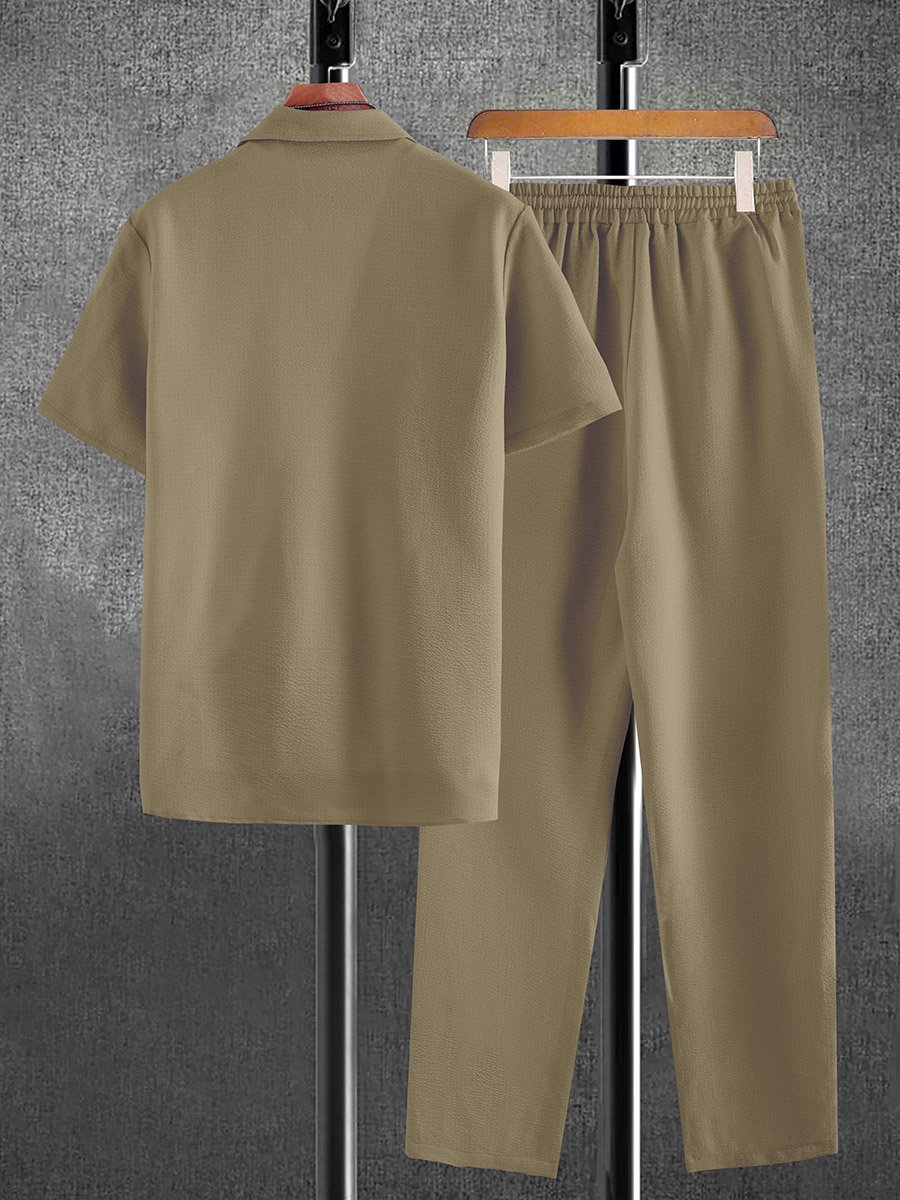 Men Beige Linen Look Shirt and Trousers Co-Ords