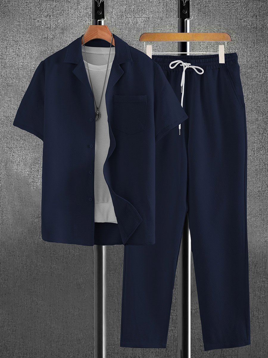 Men Navy Blue Relaxed Shirt and Trousers Co-Ords