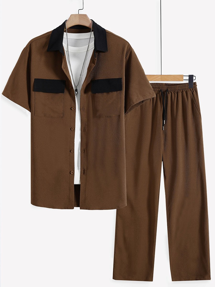 Men Brown Contrast Collar Shirt and Trousers Co-Ords