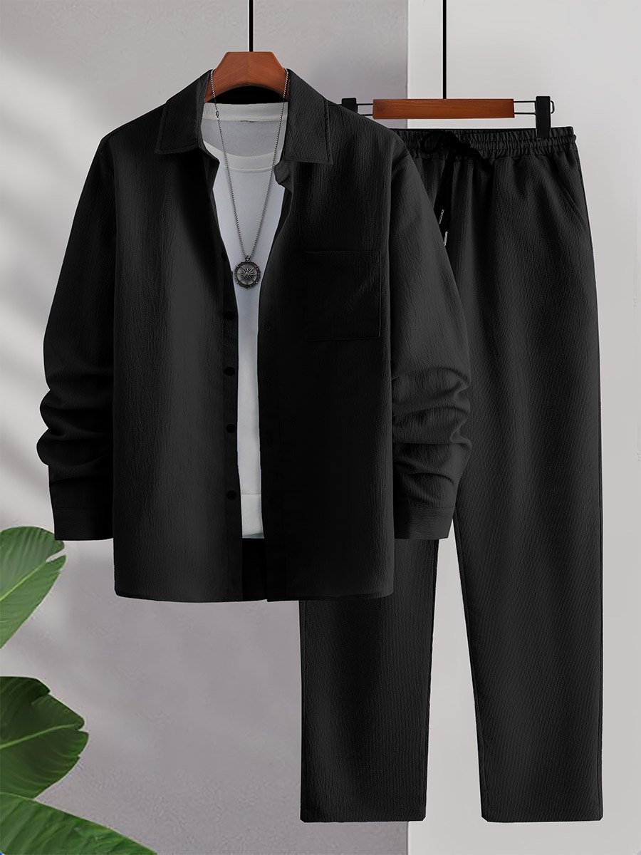 Men Black Textured Shirt and Pants Co-Ords