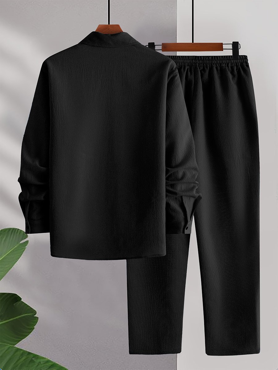 Men Black Textured Shirt and Pants Co-Ords