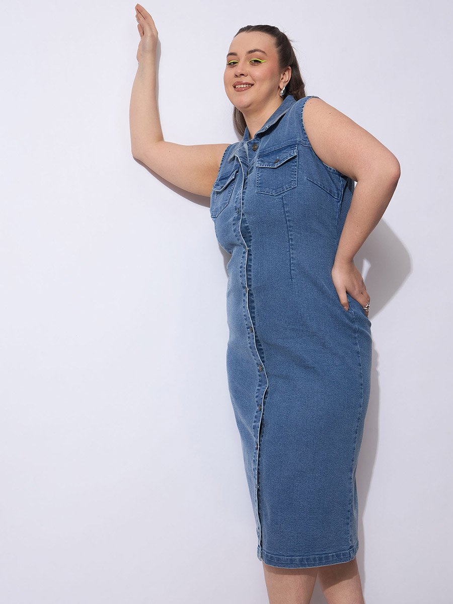 Plus Size Blue Denim Sleeveless Shift Midi Dress 