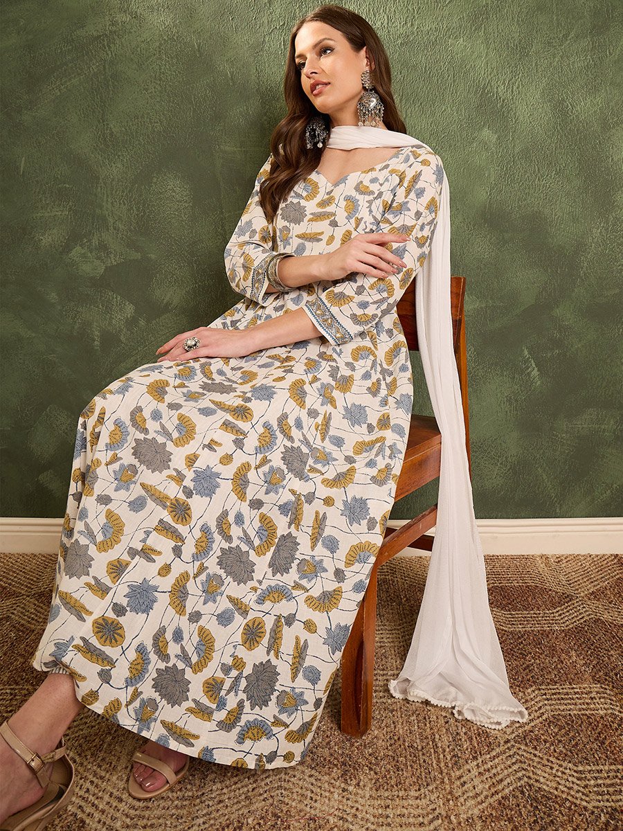 Women Off White Floral Anarkali Kurta with Pants and Dupatta Set