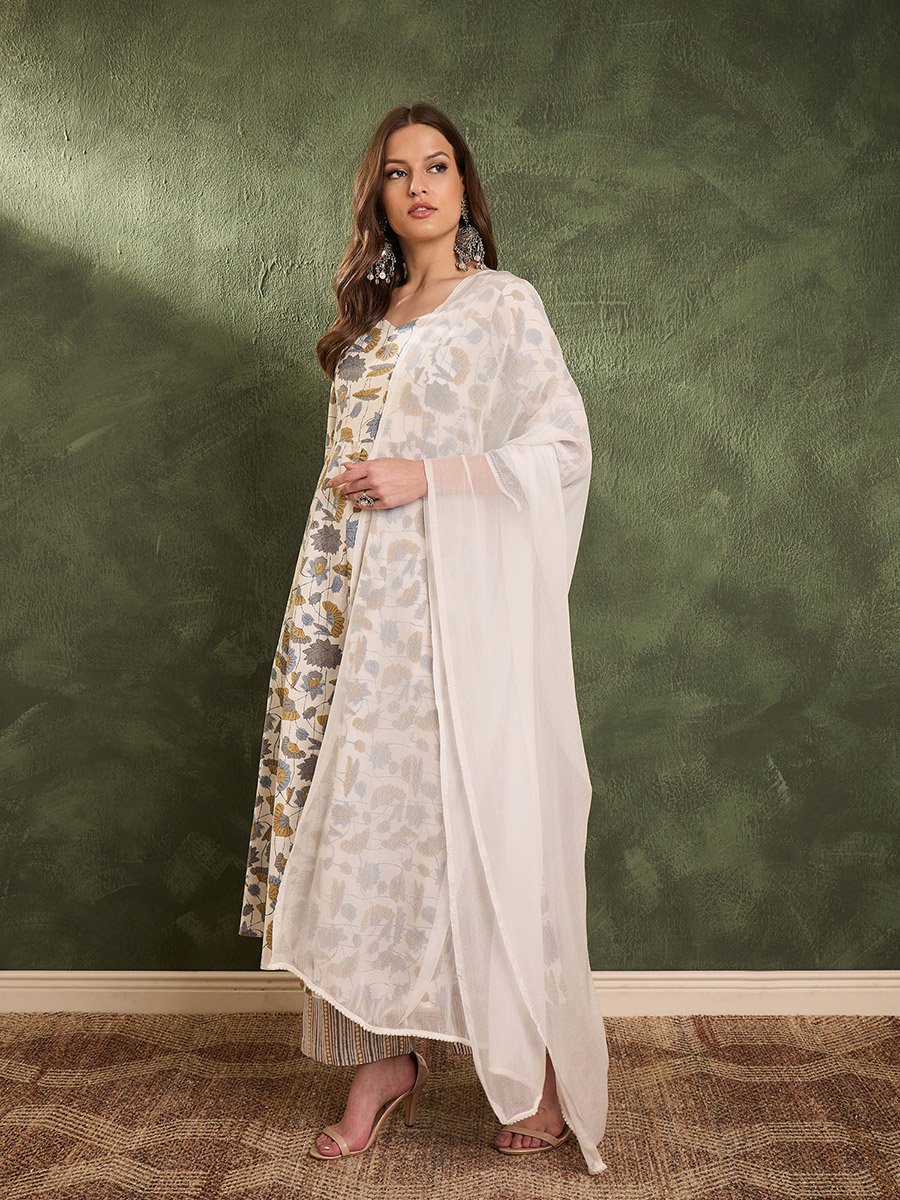 Women Off White Floral Anarkali Kurta with Pants and Dupatta Set