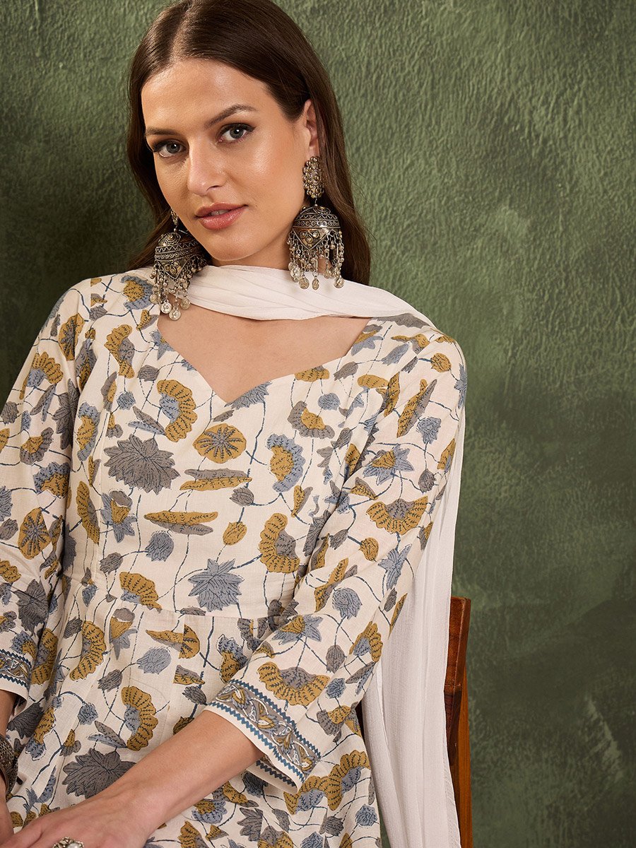 Women Off White Floral Anarkali Kurta with Pants and Dupatta Set